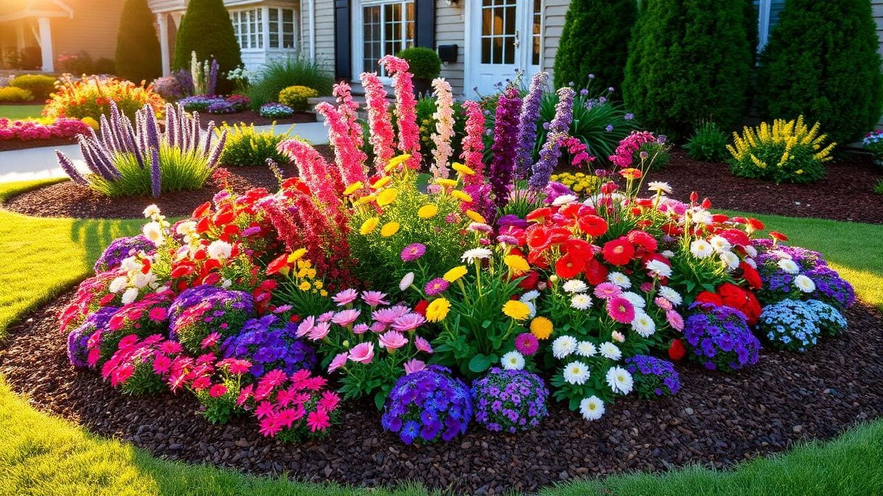 Designed flower bed with fresh mulch and seasonal color in a Utah landscape