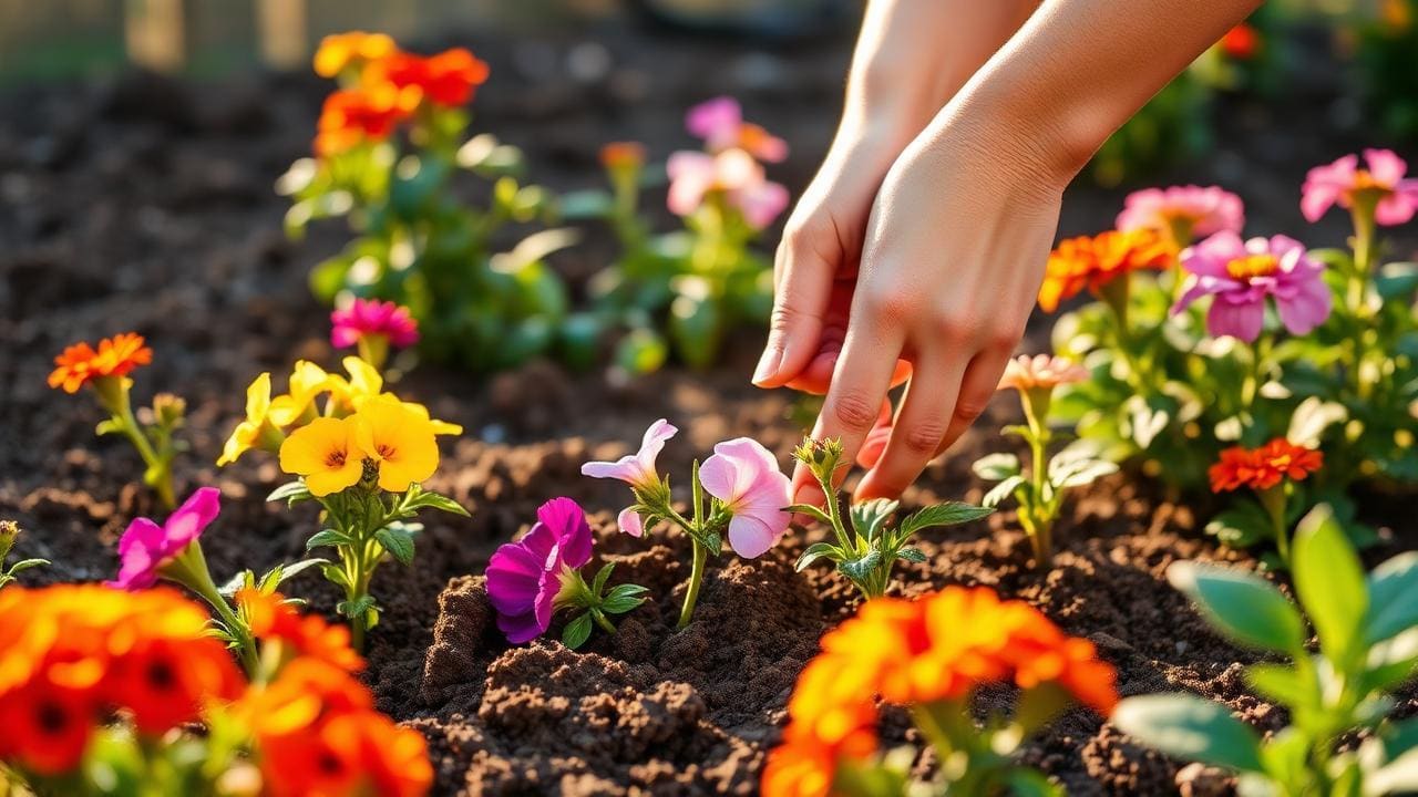 Seasonal perennials and annuals freshly planted in a prepared bed