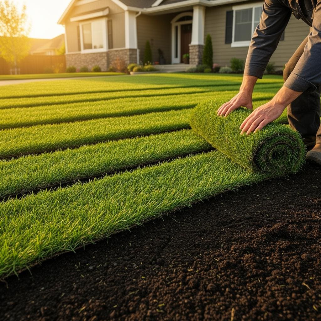 Fresh Kentucky bluegrass sod laid tight with staggered seams on a graded yard