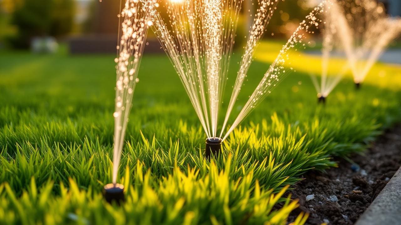 In-ground sprinkler head spraying an even arc across a healthy lawn