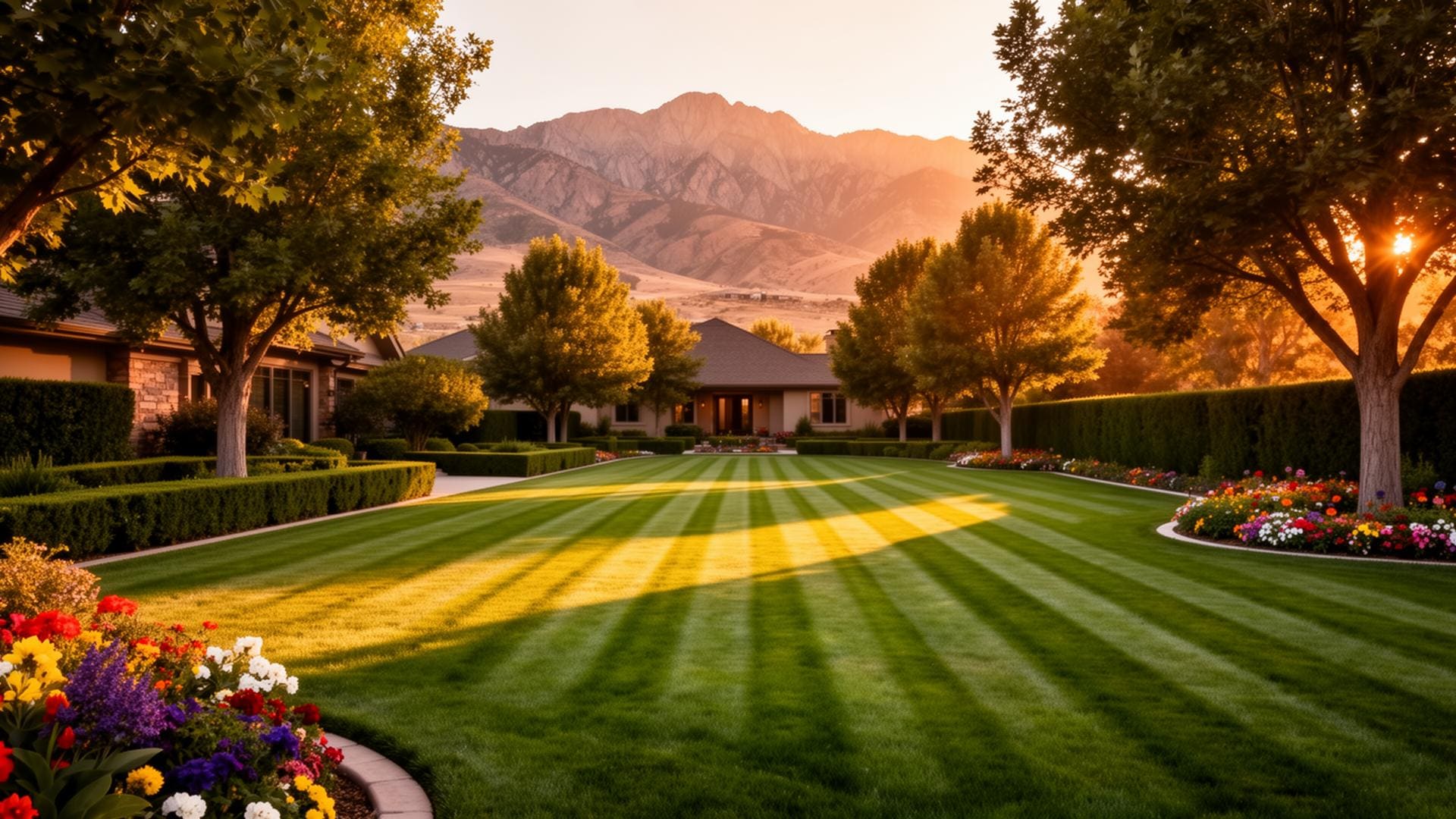 Beautiful landscaped yard with striped lawn and mountain backdrop